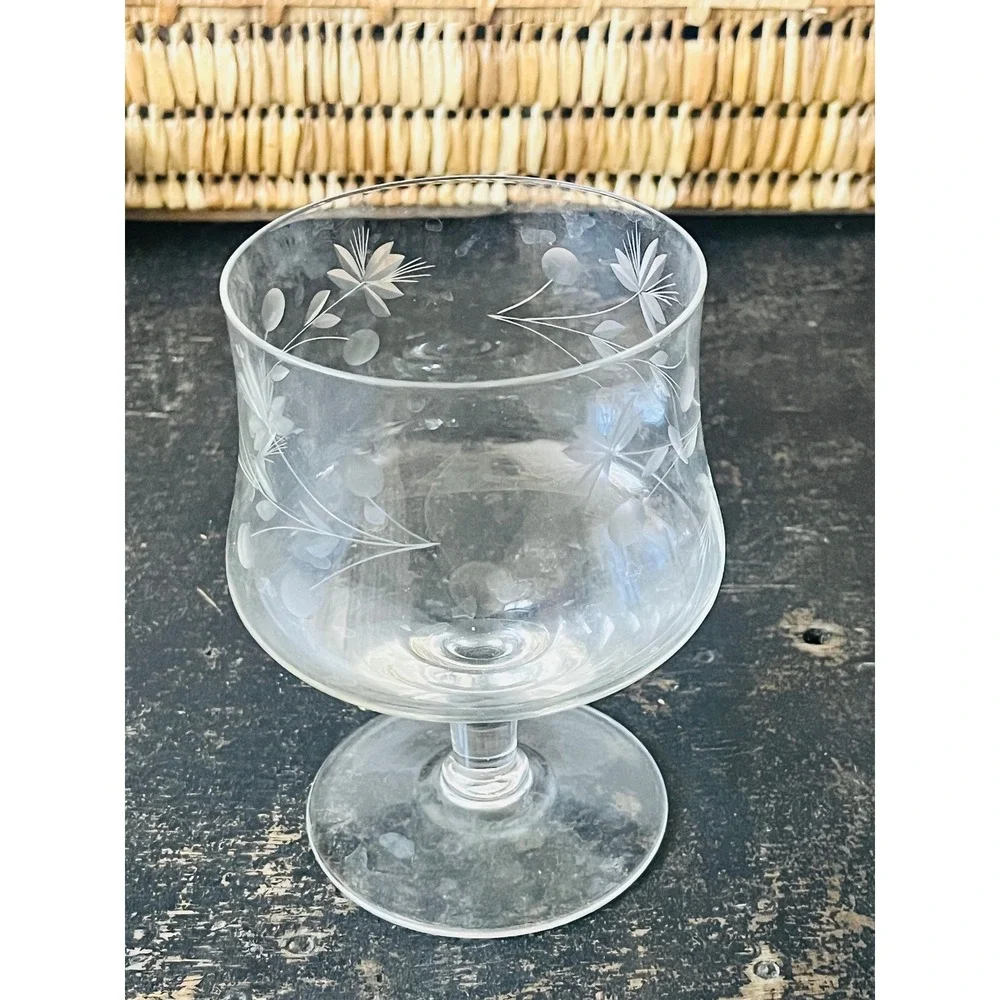 MCM Arcadia Etched Brandy Glass 1950s 1960s Romania Vintage Snifter Single Glass
